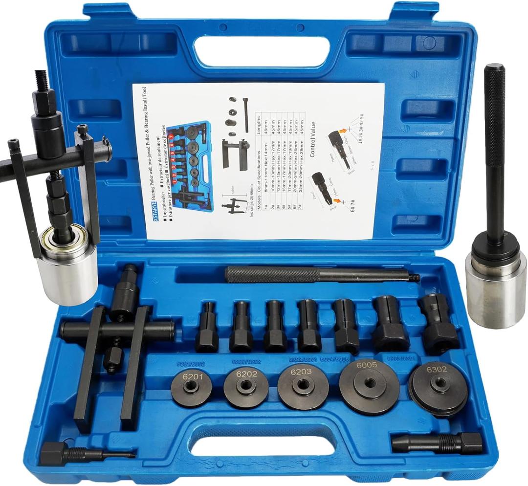 16PCS Bicycle Blind Hole Bearing Puller Set with Bearing Press Kit for Bearing Installation Internal Bearing Extractor Puller Kit for Bearing Removal with Two-Jawed Puller & 7PCS Expandable Collets