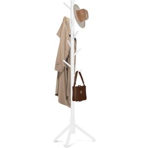 Solid Wooden Coat Rack Freestanding, New Zealand Pine Coat Tree with 8 Hooks & 3 Adjustable Sizes for Coats, Hats, Handbags and Scarves, Space Saving for Entryway/Office/Bedroom (White) (1 PC)