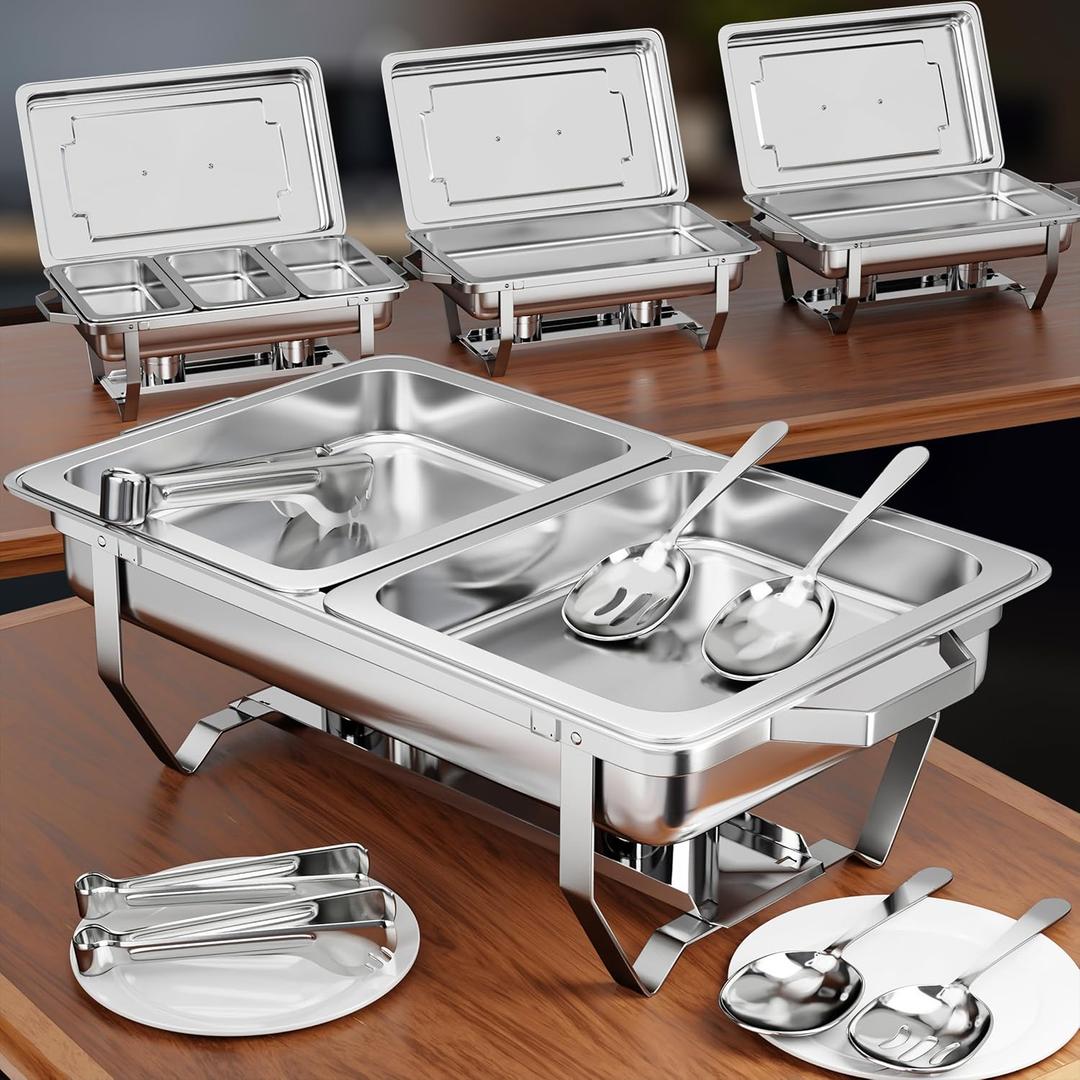 Chafing Dishes for Buffet 4 Pack (7 Pans + 7 Utensils) - 9QT Stainless Steel Chafing Dish Buffet Set - Food Warmers for Parties Buffet - Buffet Servers and Warmers, Catering Supplies Buffet Display