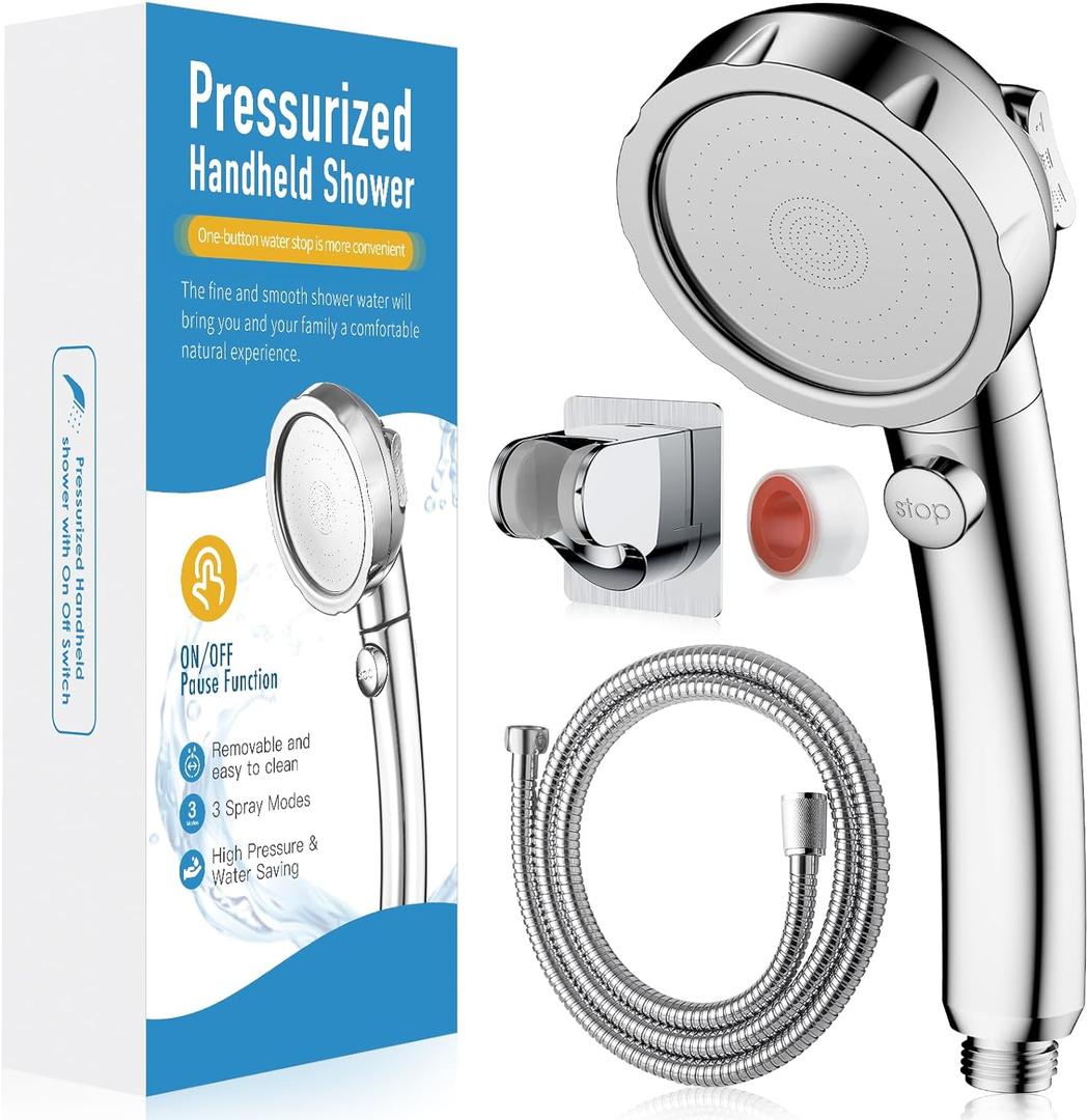 High Pressure Shower Head with Handheld, On Off Shower for RV with Stop Button and 3 Modes, Detachable Water Saving Shower Head with Hose and Self-Adhesive Bracket (Chrome)