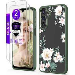 for Samsung Galaxy A14 5G Case with Tempered Glass Screen Protector [2 Pack],[Military Grade Protective] Slim Soft TPU & Hard PC,Girls Women Crystal Clear Flower Pattern Cases (Magnolia) (Golden Shield Flower Series-Magnolia)