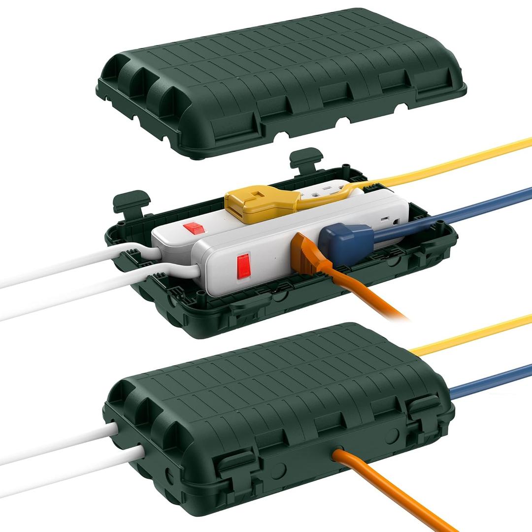 Outdoor Waterproof Electrical Box, 2 Pack Large Extension Cord Cover Protector Plug Connection Cable Safety Box IP54 Water-Resistant for Power Strip, Holiday Light and Decorations, Green