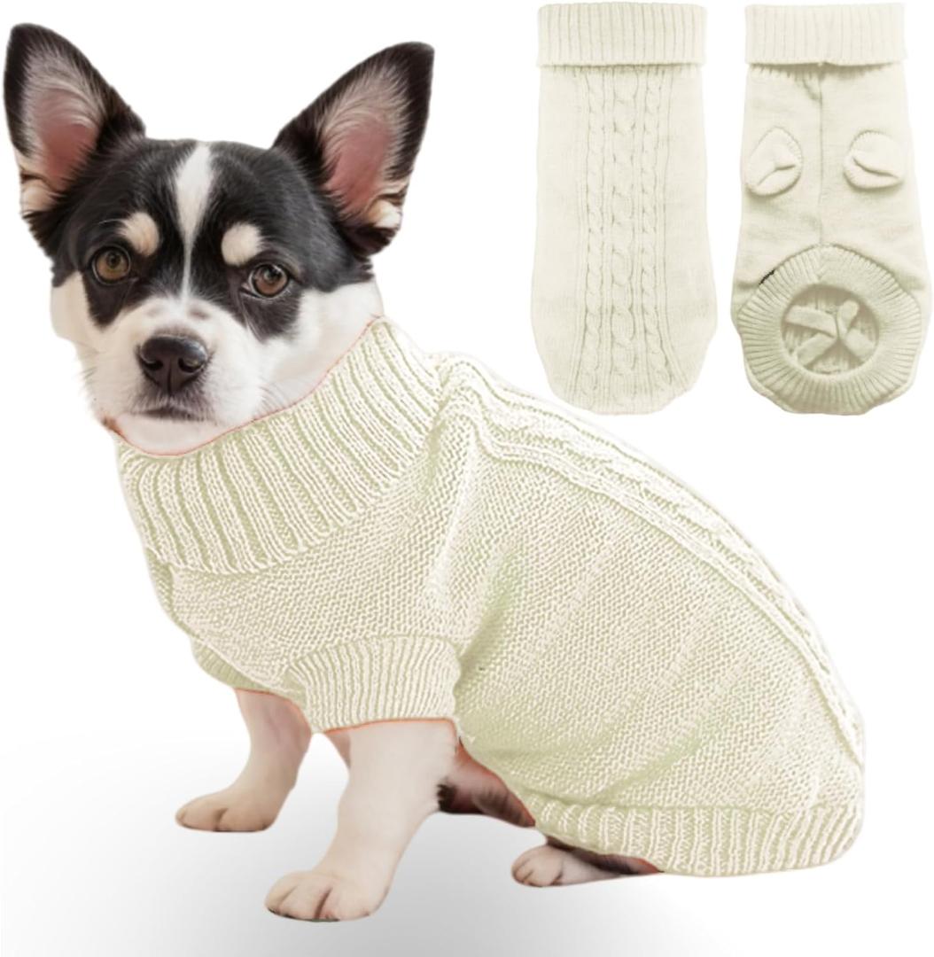 Small Dog Sweater with Hind Leg Straps & Knit Turtleneck, Winter Warm Dog Clothes for Small Dogs and Cats, Pet Sweater for Bulldog, Chihuahua, Yorkie, Pug, Kitten (White Dog Sweater, Large)