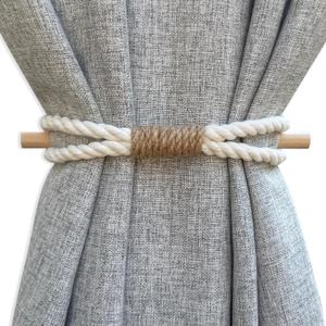 Curtain Holdbacks Boho Tiebacks for Drapes, Farmhouse Jute Rope Cotton Tie Backs with Rustic Wood Club, Curtain Accessories Holders for Indoor Outdoor Use, Set of 4 (Curtain Rope|white Cotton)