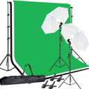 Photo Video Studio 10 x 8.5ft Stand with Muslin Backdrop (Green/White/Black) & 85W 5500K Led Bulb & Umbrella Lighting Kit Photography Background Support System Kit,Clamp, Carry Bag