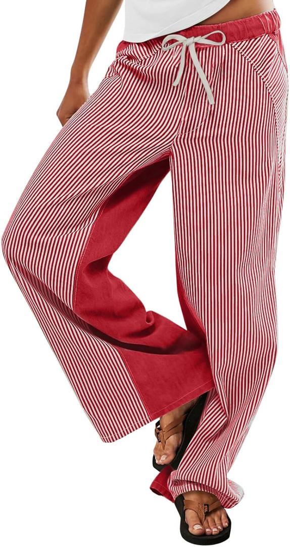 PEIHOT Low Rise Striped Pants for Women Pull On Drawstring Boho Wide Leg Jeans Trendy 2026 (Red, XL)