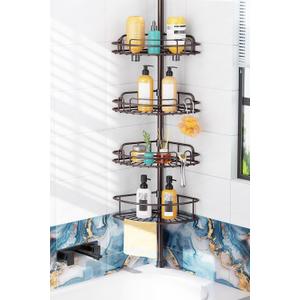 HAMITOR Shower Caddy Tension Pole: 4-Tier Rustproof Bathroom Corner Shelf Organizer for Renters - No Drill Large Shampoo Storage Rack Adjustable 47-121 Inch - Space Saving Bathtub Accessory - Bronze
