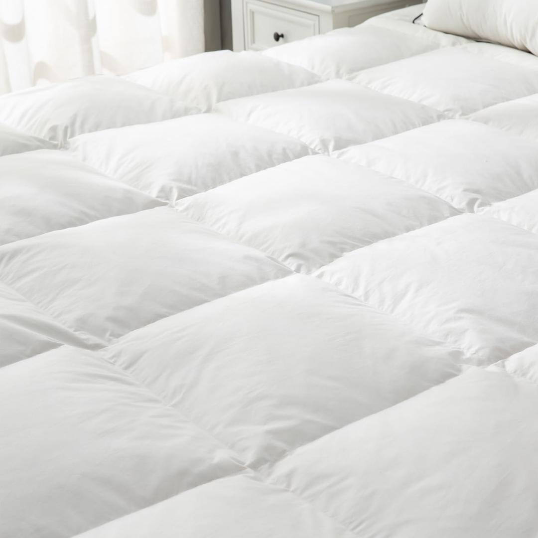 Premium Quality Luxury White Goose Down and Feather Mattress Pad Mattress Topper Baffled Featherbed Overfilled-All Season,Full Size