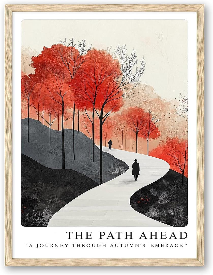 Natural Wood Frame Autumn and Winter Forest Street Scene Wall Art, 8x10in Iconic Landscape Canvas Wall-Printed Poster, Classic City Landmark Wall Decoration Bedroom for Living Room