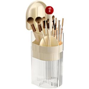 Makeup Brush Holder with Lid, One-Hand Press Open/Close Mechanism Cosmetic Tools Organizer, Clear Waterproof Dustproof Make Up Storage for Vanity, Bathroom Countertop-Cream-Red Ball