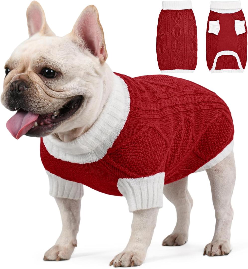Dog Sweater for Medium Dogs Argyle Cable Knit Turtleneck Pullover Winter Clothes Boys Girls French Bulldog Dachshund Corgi Beagle Pug Pet (M, Red)