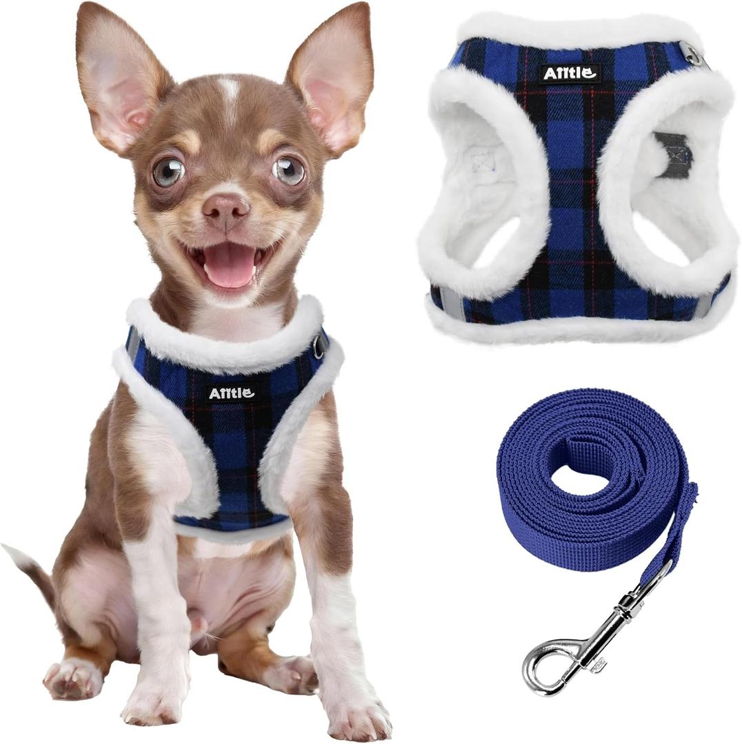 AIITLE Soft & Warm Dog Harness and Leash Set - Checkered Design, Comfortable, Reflective, No-Choke, Secure with Hook & Loop Fastener, Adjustable for Small Dogs - Running, Camping (Blue, XS)