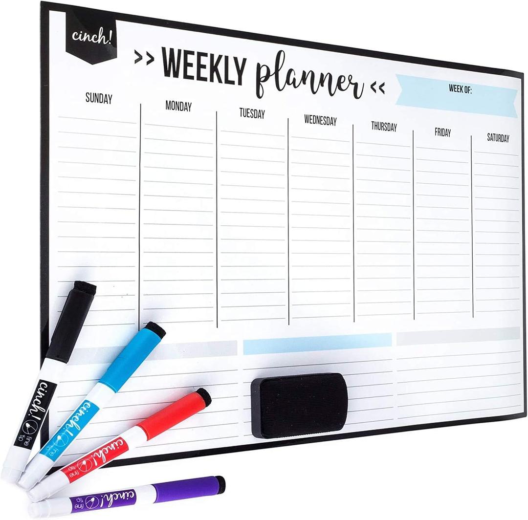17x12-Inch Magnetic Weekly Planner for Fridge - cinch! Weekly Calendar and Meal Planner - Stain Resistant Dry Erase Whiteboard with 4 Fine Tip Markers and Eraser for Easy Scheduling