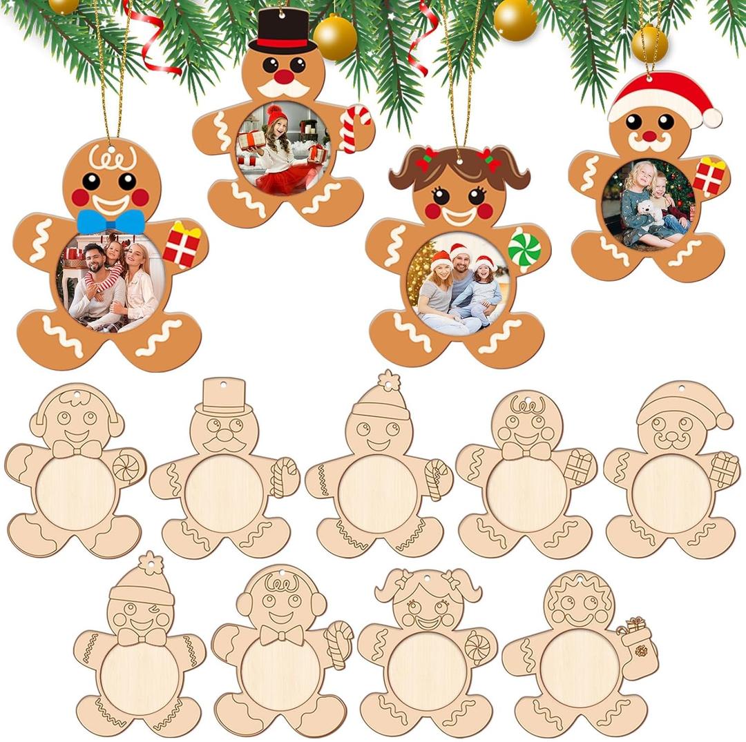 Qyeahkj 27Pcs Wood Christmas Picture Frame Ornament Bulk Coloring You Own Gingerbread Man Photo Frame Craft Kits DIY for Christmas Tree Wooden Ornaments for Winter Xmas Holiday Presents Trees Decors