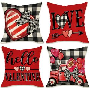 Fahrendom Hello Valentines Day Decorative Throw Pillow Covers 18 x 18 Set of 4, Red Heart Truck Buffalo Plaid Porch Outdoor Pillowcase, Romantic Anniversary Wedding Sofa Couch Cushion Case Home Decor