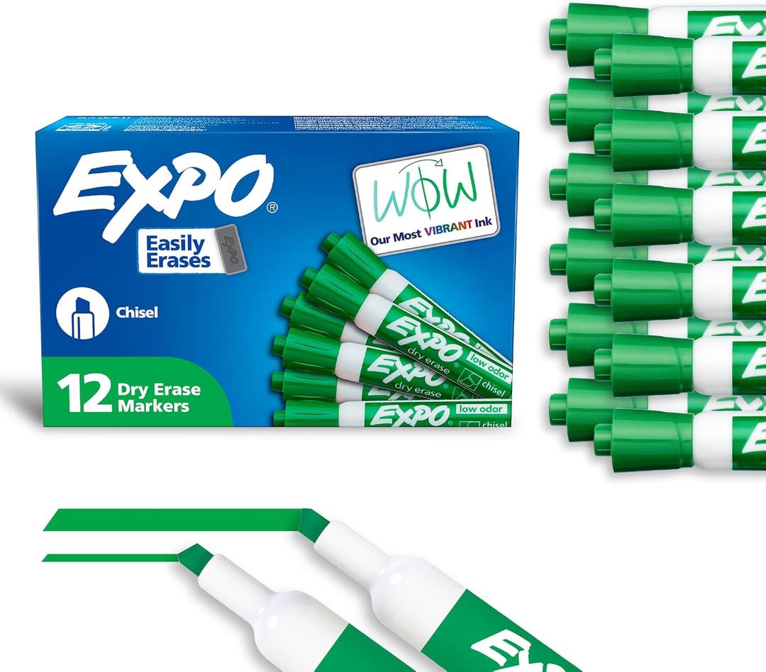 EXPO Dry Erase Markers, Low Odor Ink, Green, Chisel Tip, 12 Count - Whiteboard, Calendar, Organization, Essential Supplies for Office, School, Classroom, Teachers