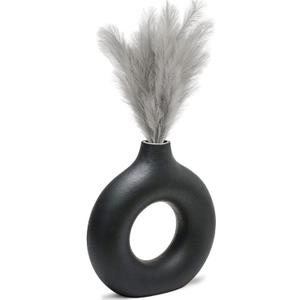 Donut Vase Black Hollow Ceramic Vase for Flowers Handmade Minimalist Boho Style Decor for Wedding Dinner Table Party Living Room Office Bedroom