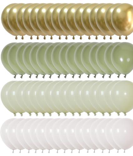 Pastel Sage Green Gold Balloons 12inch - Olive Green White Balloons for Baby Bridal Wedding Shower Birthday Party Decorations 60packs (Sage Green + Gold)
