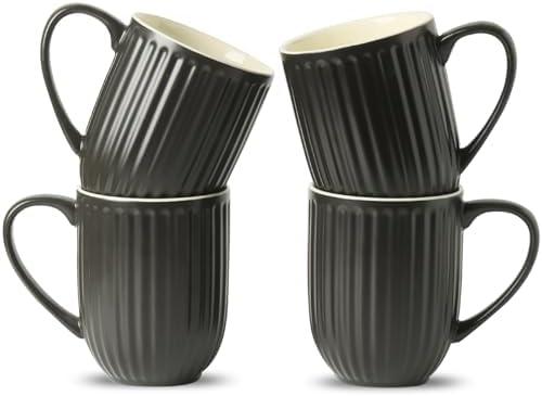 Hasense Coffee Mugs Set of 3. 16 Oz Large Ceramic Ribbed Latte Cups with Big Handle for Coffee, Tea and Cocoa, Modern Design & Light Weight, Microwave & Dishwasher Safe, Black