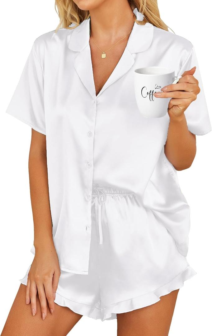 HOTOUCH Womens Satin Pajamas Set Button Down 2 Piece Silk Pjs Shorts Set Ruffle Lingerie Notch Collar Sleepwear (XX-Large, White)