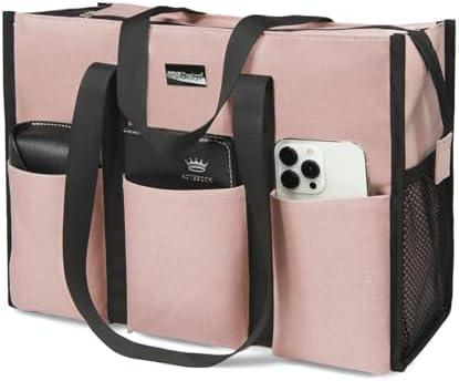 TOPDesign Utility Water Resistant Tote Bag with 13 Pockets, Top Zipper Closure & Thick Bottom Support, for Working Women, Pink