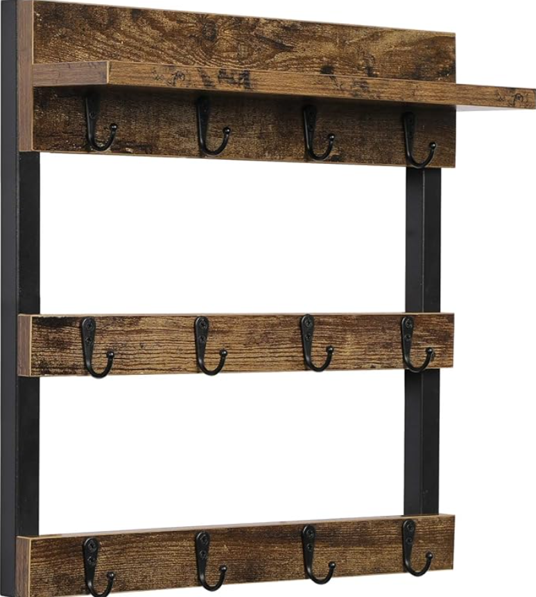 OROPY Coffee Mug Rack Wall Mounted, Rustic Wood Cups Rack with 12 Hooks and Storage Shelf, for Home Kitchen Display and Collection (Rustic Brown)