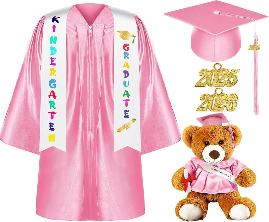 Sintuff 7 Pcs Kindergarten Graduation Gown Cap 2025 Preschool Graduation Accessories Stole Tassel Sash Charm Bear Gifts (30, Pink)