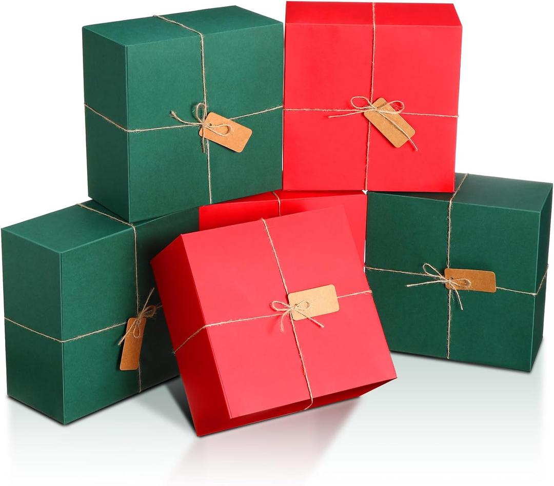 Lincia 24 Set 8'' x 8''x 4'' Christmas Gift Boxes Square Cardboard Box with Lid Bulk Bridesmaid Proposal Square Gift Box with Jute Rope and Tag for Women Present Wrapping(Green, Red)