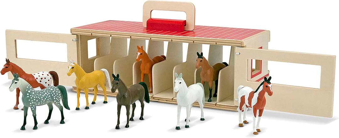 Melissa & Doug Take-Along Show-Horse Stable Play Set with Wooden Stable Box and 8 Toy Horses