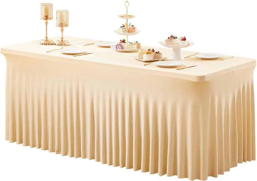 1 Pack Darck Champagne Spandex Tableclothes for 8 Foot Rectangle Tables, Wrinkle Free 8ft Fitted Table Cover Stretch Table Cloth Desk Skirt for Weddings Baby Shower Birthday Party Banquet Decorations