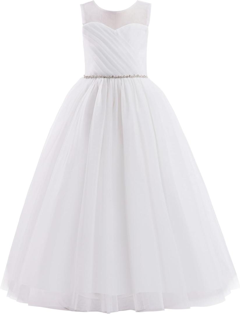 Glamulice Flower Girl Wedding Dress Tulle Long A Line Holiday Birthday Party Ball Gown Girls Formal Pageant Maxi Dresses (11-12 Years, White)