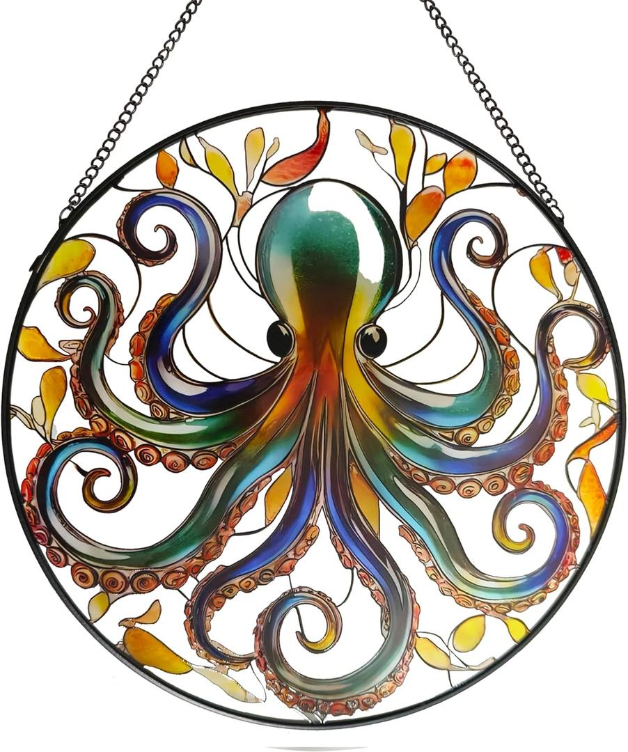 Octopus Stained Glass Window Hanging, 9.8 Sun Catcher Glass Panel Ocean Theme Wall Art Decor with Chain, Birthday Gift for Sons, Daughters, Grandson