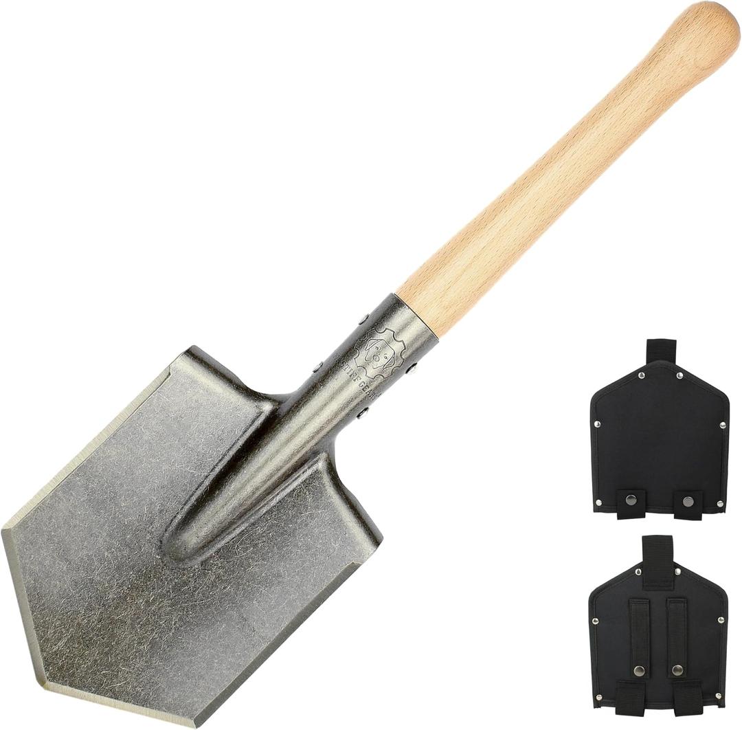 MASTIFF GEARS Battle Wolf Military-Grade Survival Shovel - Heavy Duty Carbon Steel w/Hardwood Handle | All-Weather for Camping, Hiking, Off-Road, Emergency | Digs Dirt/Sand/Snow/Mud (Battle Wolf)