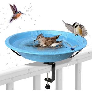 Bird Bath Deck Mounted Bowl 11.5 Inch Metal BirdBaths with Adjustable Sturdy Metal Clamp for Deck Railing Balcony Bird Feeder for Garden Yard and Lawn Decoration-Blue
