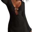 SOLY HUX Women's Crochet Swim Cover Up Long Sleeve Deep V Neck Swimsuit Dress Beach Bathing Suit Pure Black Large (Black)