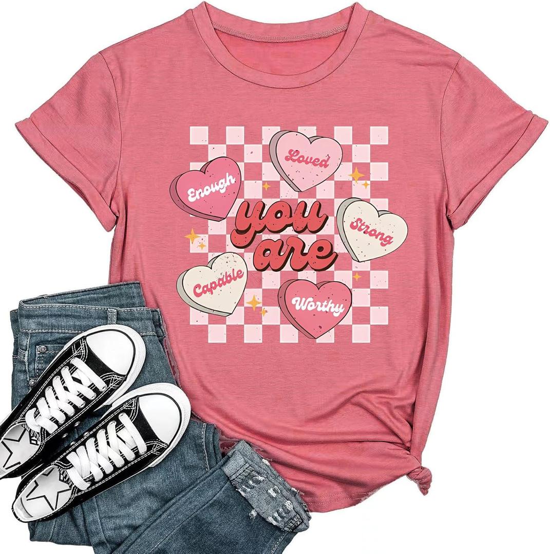 Women's Valentine Shirts Retro Candy Couple Love Heart Teacher You are Enough T-Shirt Casual Lover Gift Blouse Tops (Pink, XL)