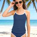 Girls Swimsuit Two Piece Cross-Back Straps Girls Tankini Contrast Trim Drawstring Girl Bathing Suit for Teens, 13-14Y