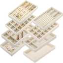 Elsjoy Set of 8 Velvet Jewelry Tray, Drawer Insert Divided Storage Holder Stackable Jewelry Organizer, Necklace Bracelet Display Tray for Earring, Ring, Brooch, Watch, 8.3"x5"x1" Beige 4 Styles