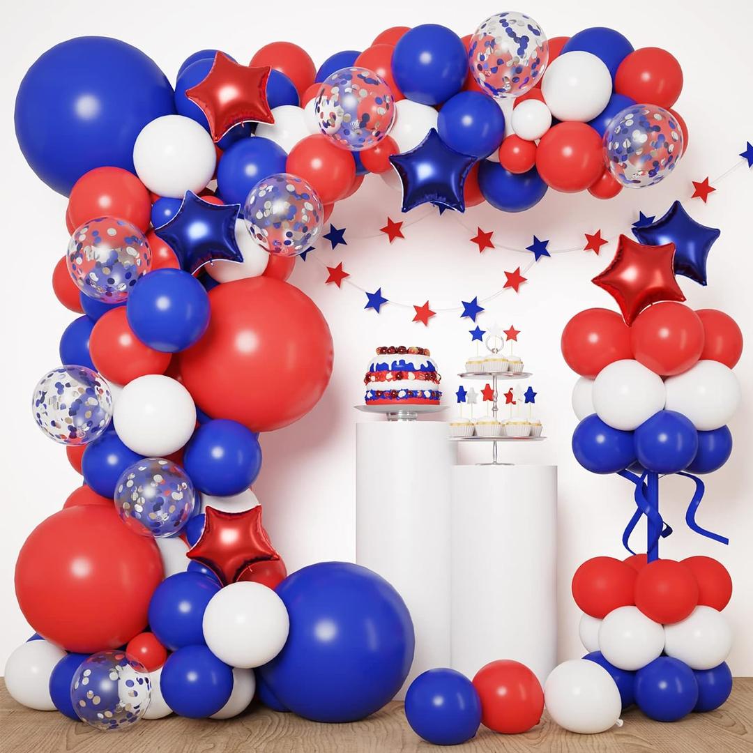RUBFAC 160pcs Red White and Blue Balloons Garland Arch Kit, 4th of July Balloons Patriotic Decorations, Birthday Wedding Nautical Patriotic Baseball Theme with Star Foil Balloons Decorations