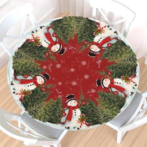Christmas Round Fitted Tablecloth with Elastic Edge,Water-Resistant Wipeable Red Winter Snowman Bird Green Xmas Trees Table Cover for 40-44" Stretch Table Cloth for Dinner Indoor Outdoor Party