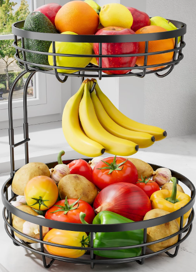 Fruit Basket for Kitchen Counter - 2-Tier Large Capacity Fruit Bowl with Detachable Banana Hanger, Rust-Proof Metal Fruit Holder for Vegetables, Bread, Toiletry,10" D x 10" W x 14" H, Black