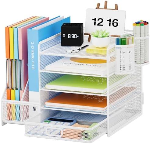 Lavatino Desk Organizer with File Holder, 5-Tier Paper Letter Tray Organizer with Sliding Drawer and 2 Pen Holder, Mesh Desktop File Organizer for Office Supplies, White
