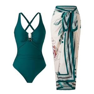 BAWHAHT One Piece Swimsuit Women with Cover Up Set Retro Bathing Suit for Women Tummy Control Beach Wrap Skirt Blue Green XL
