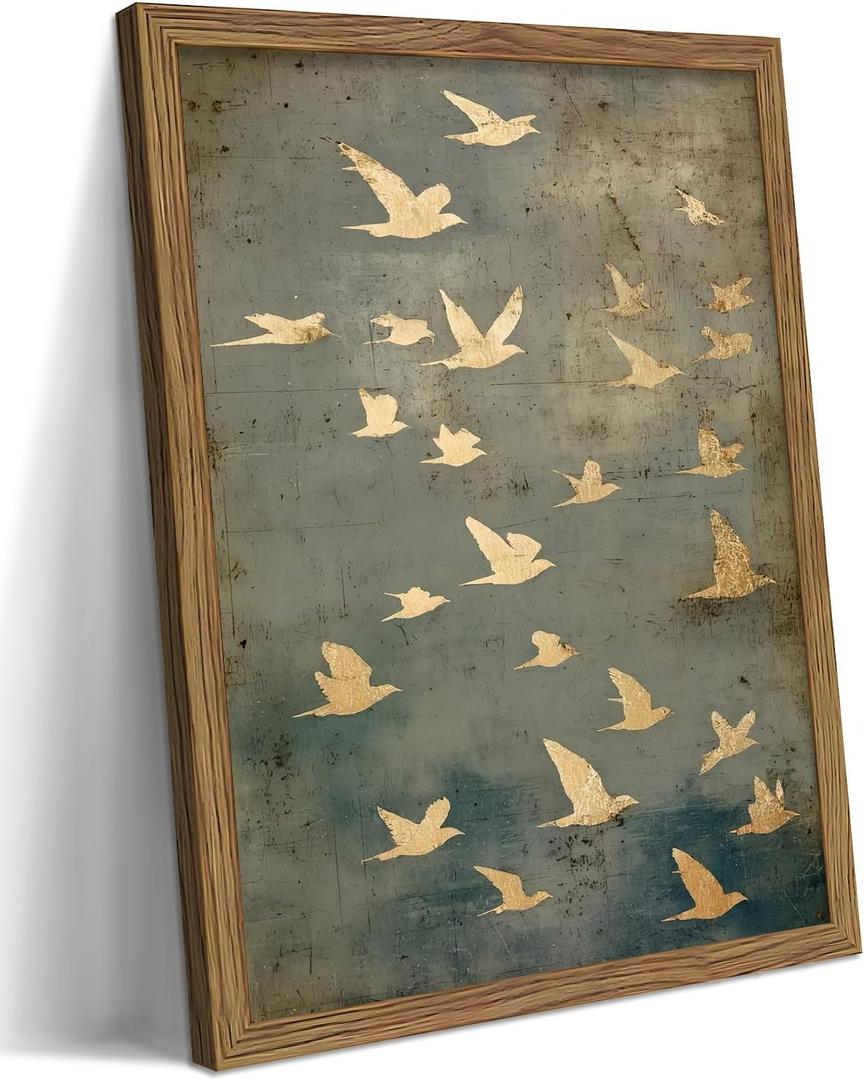 Framed Flock of Birds Canvas Wall Art, Vintage Minimalist Abstract Landscape Painting, Neutral Gold Birds Spiritual Wall Decor, Modern Aesthetic Pictures for Bedroom Living Room 12x16 inch (Flying pigeons)