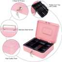Pink Cash Box with Money Tray and Lock, Metal Money Box for Cash, Lock Box for Money 9.84x7.87x3.54 Inches