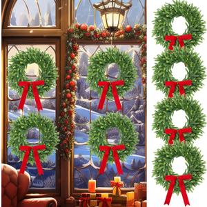 Daifunli 4 Pcs Light Up Christmas Norfolk Pine Wreaths with Bows 16 Inch Real Touch Christmas Norfolk Wreaths with Pre-Lit Artificial Xmas Wreath for Door Wall Indoor Outdoor Xmas Decor