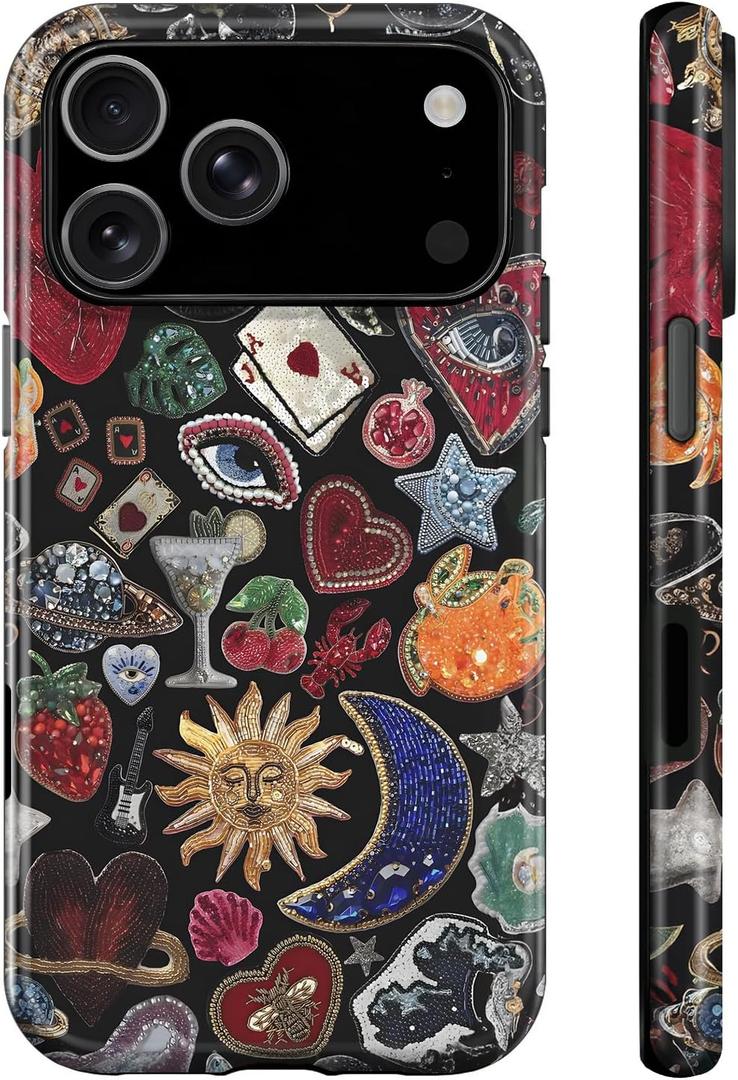 Generic Case for iPhone 17 Pro Case, Dual-Layer Hard Shell+Silicone Cover-Shockproof Protective Phone Case with Stylish Designs for Women- Moon and Stars Vintage