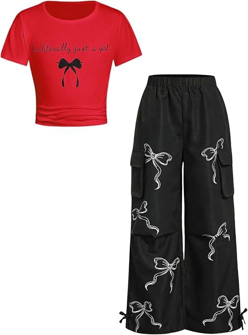 RoseSeek Girl's 2 Piece Summer Outfits Short Sleeve Ruched Basic Tess and Camo Cargo Pants Sets Trendy 11Y