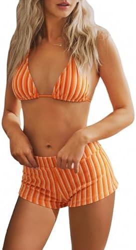 ZAFUL Bikini Sets for Women High Waisted Striped Bathing Suit Backless Halter Triangle Bikini Top Boyshort Bottom Swimsuits, L