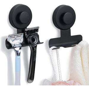 Suction Cup Razor and Shaver Holder for Shower Wall, Stainless Steel Reusable Suction Hook for Towel and Loofah, Damage-Free Installation (2, Matte Black)